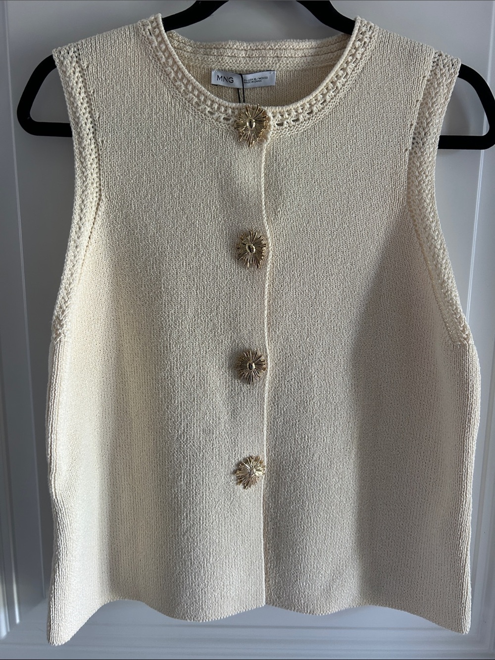 Mango Cream Knit Sweater-vest with Decorative Gold Button Snaps